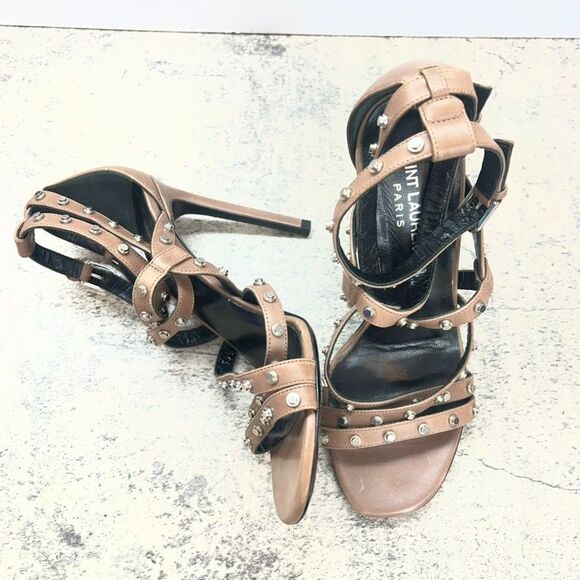 Saint Laurent Paris Jerry Studded Buckle Brown Leather Strappy Heels Womens 6 - Picture 5 of 12